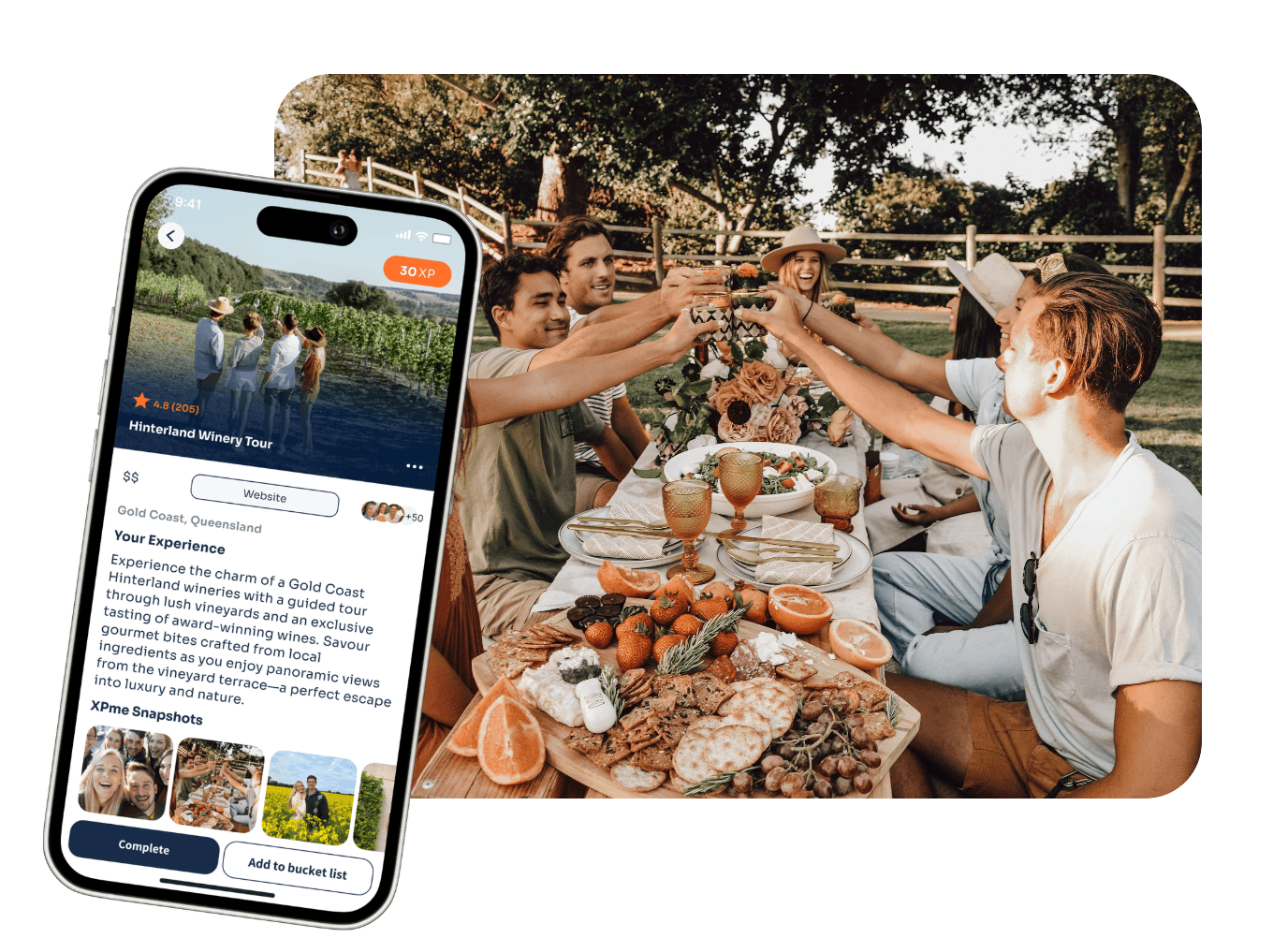 Friends enjoying a winery tour experience tracked in XPme app
